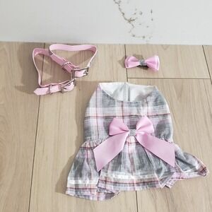 Ashton Drake Pet Dress Set XS Pink Plaid Dog Cat Outfit Collar Bow Sparkle